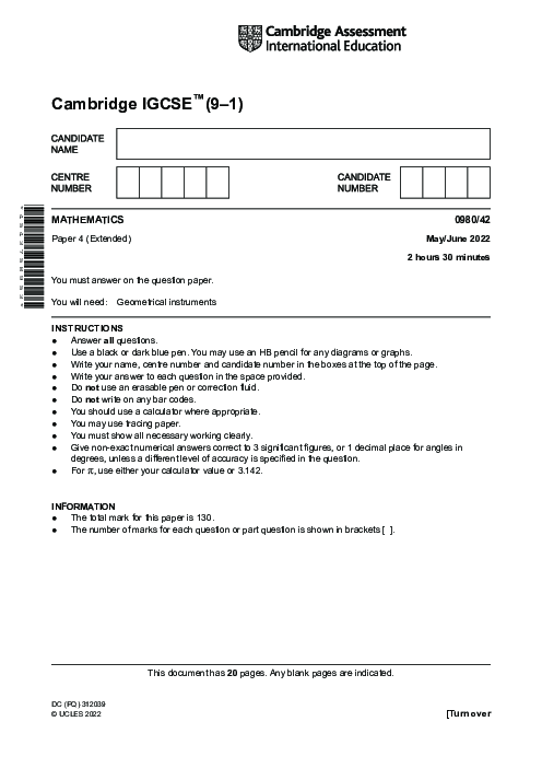 Paper 4, Variant 2, May June 2022 | Cambridge 9–1 GCSE  Mathematics (0980) Past Papers