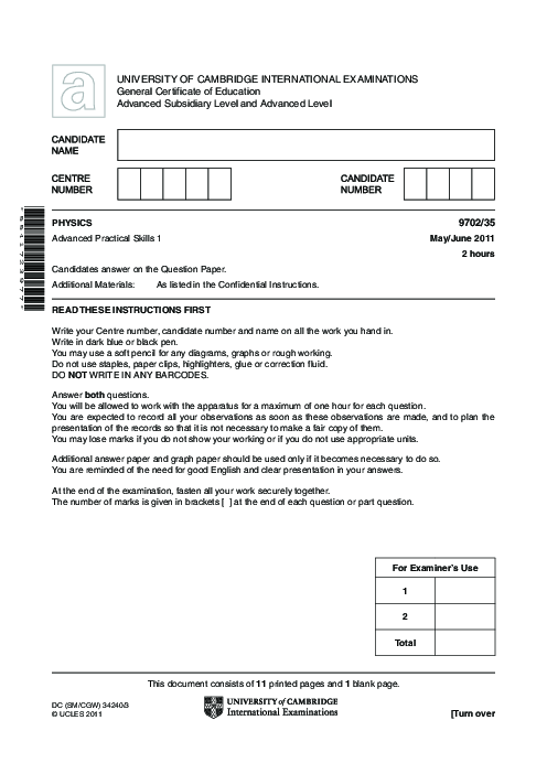 Paper 3, Variant 2, May June 2011 | Cambridge AS - A Level Physics (9702) Past Papers