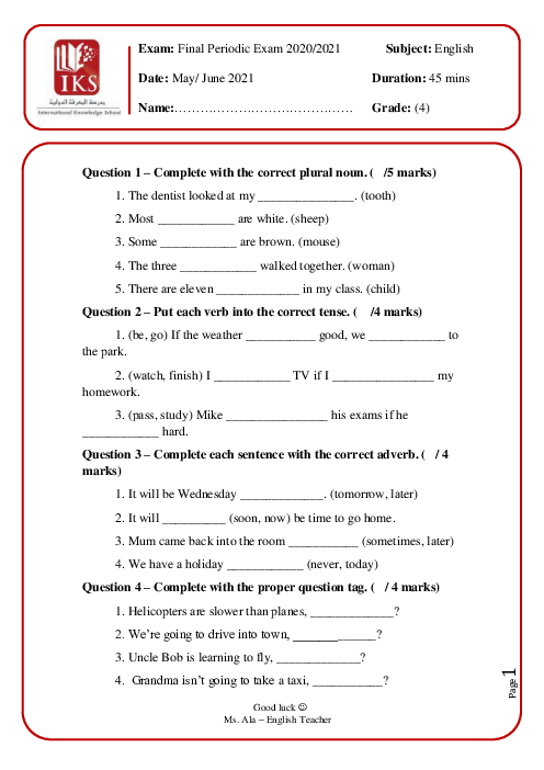 Final Grade 4 English Exam - 2020/2021