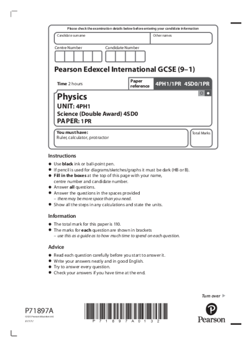  Physics 4PH1/1PR January  2023 | Edexcel IGCSE Past Papers With Mark Scheme