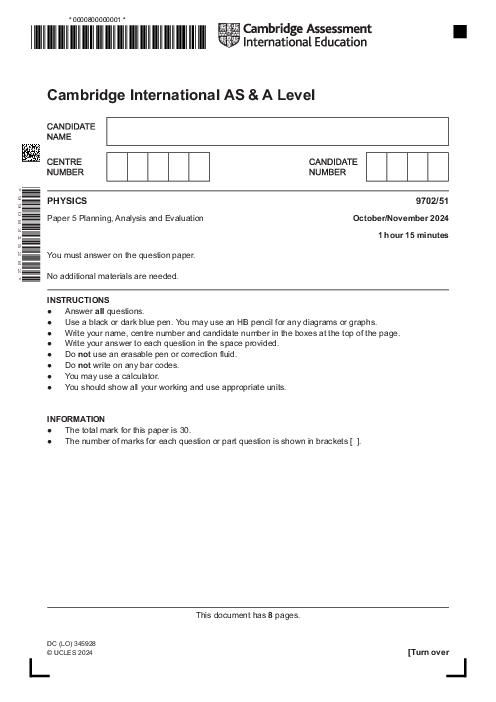 Physics 9702,51 Oct Nov 2024 | Cambridge AS - A Level Past Papers With Mark Scheme