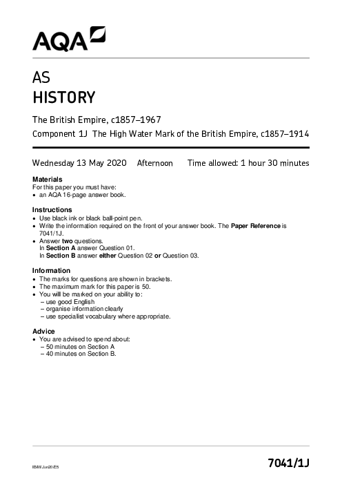 History 7041 Paper 1J June 2020, AQA AS-Level Past Papers with Mark Schemes