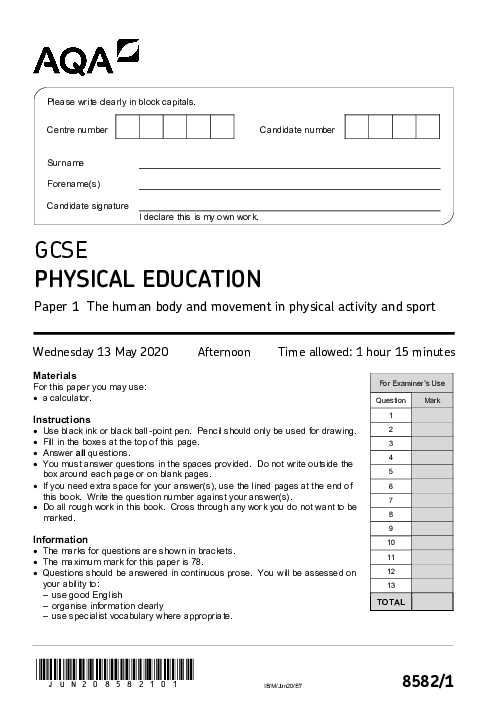 Physical Education 8582/1 June 2020