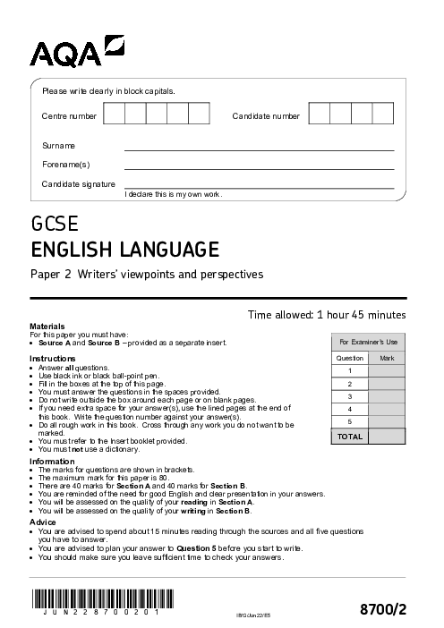English Language 8700/2 June 2022