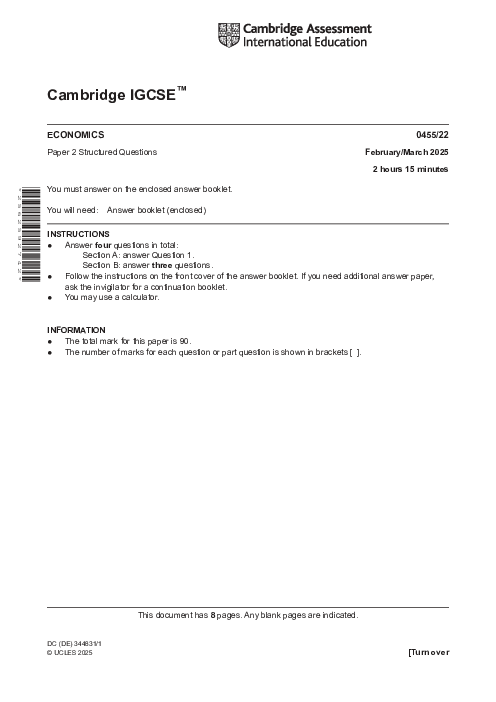 Economics 0455/22 March 2025 | Cambridge IGCSE Past Papers With Mark Scheme