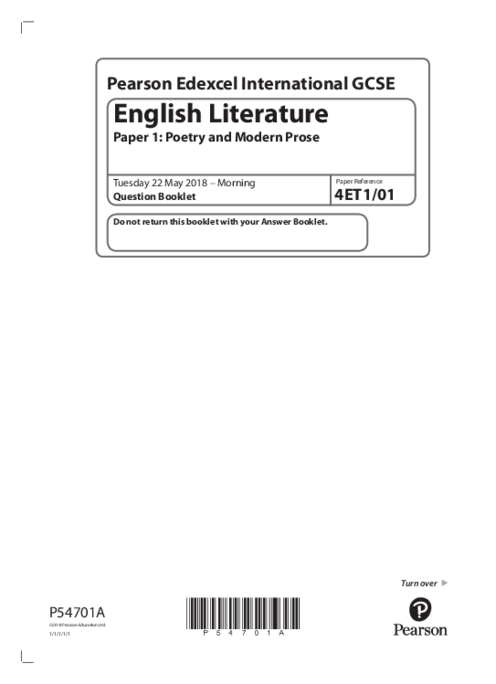 English Literature 4ET1/01 June  2018 | Edexcel  IGCSE Past Papers With Mark Scheme