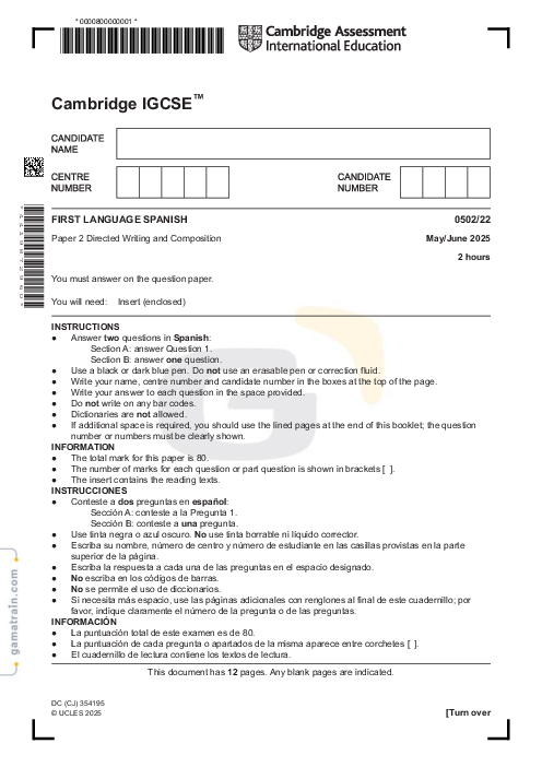 Spanish First Language 0502/22 May June 2025