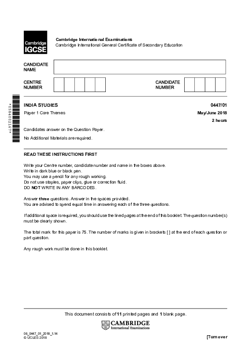 India Studies 0447/01 May June 2018