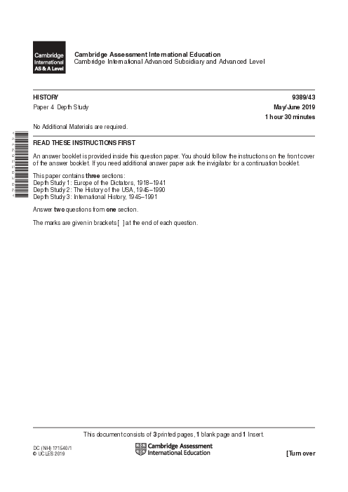  History 9389/41 May June 2019 | Cambridge AS & A Level Past Papers With Mark Scheme