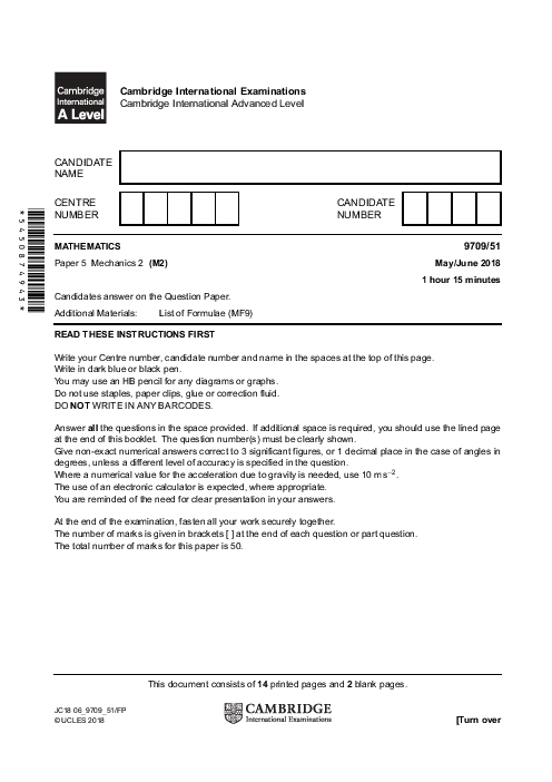 Mathematics 9709/51 May June 2018 | Cambridge AS & A Level Past Papers With Mark Scheme