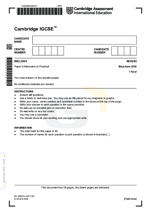 Biology 0610/63 May June 2025