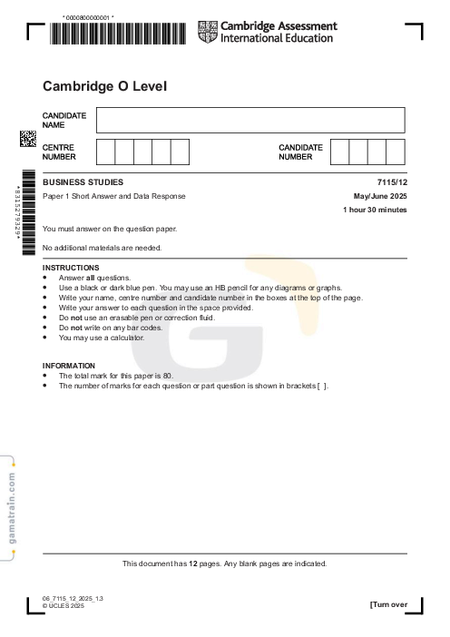 Business Studies 7115/12 May June 2025