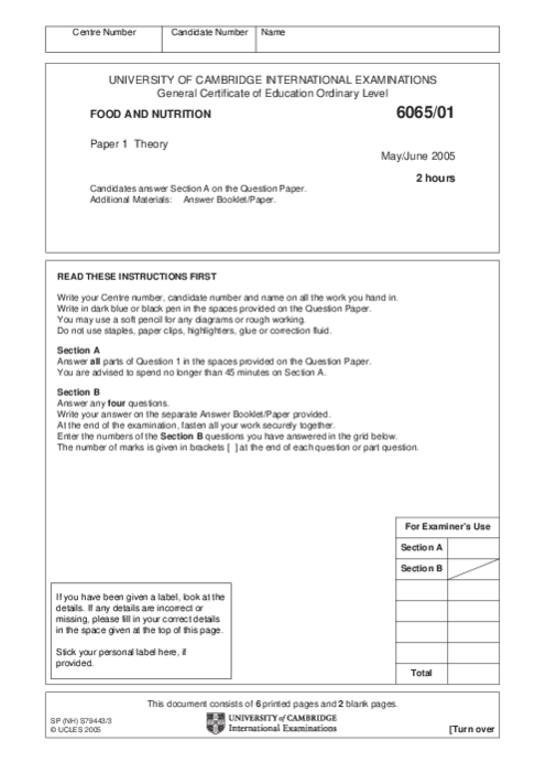 Food & Nutrition 6065/01 Oct Nov 2004