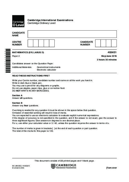 Mathematics Syllabus D 4024/12 May June 2016