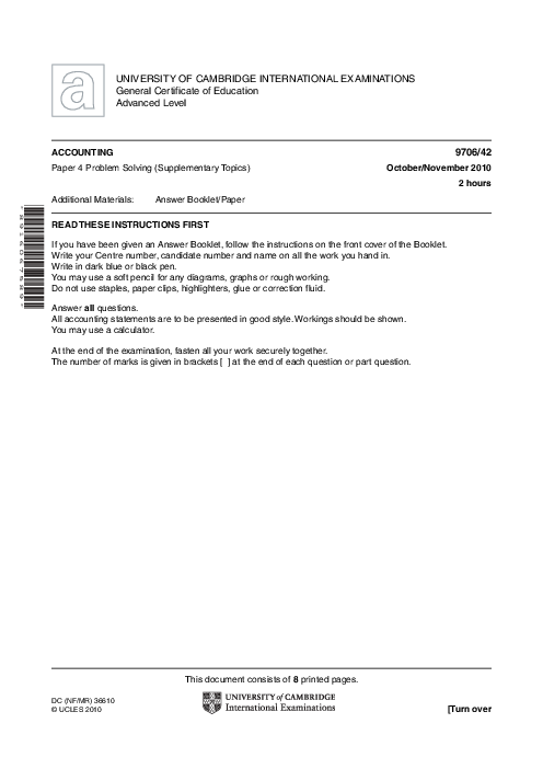 Paper 3, Variant 1, Oct Nov 2010 | Cambridge AS and A Level Accounting (9706) Past Papers