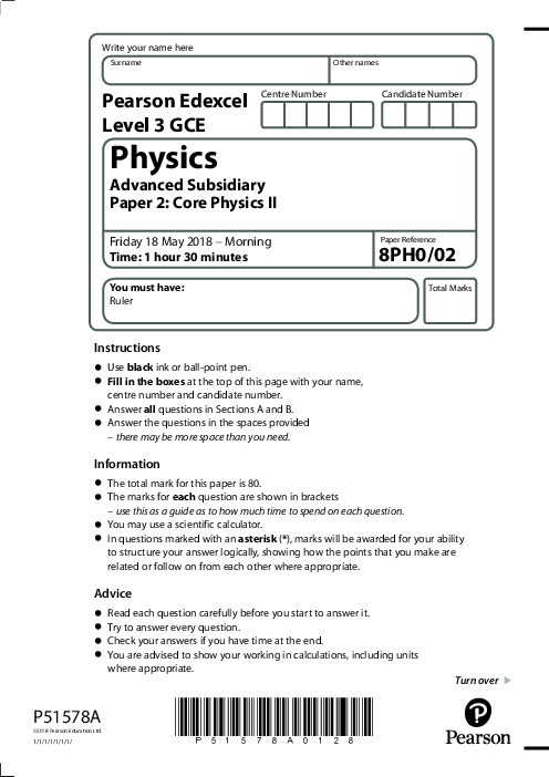  Physics 8PH0/02 May June  2018 | Edexcel  AS Level Past Papers With Mark Scheme