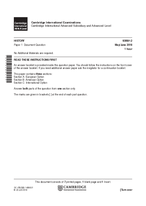  History 9389/11 May June 2018 | Cambridge AS & A Level Past Papers With Mark Scheme