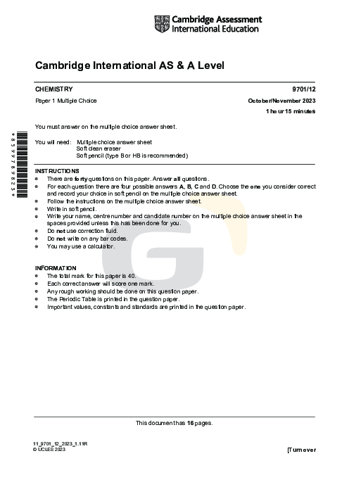 Chemistry 9701/12 Oct Nov 2023 | Cambridge AS Level Past Papers With Mark Scheme