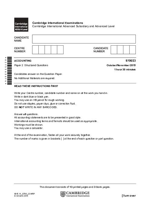 Accounting 9706/13 Oct Nov 2015 | Cambridge AS Level Past Papers With Mark Scheme