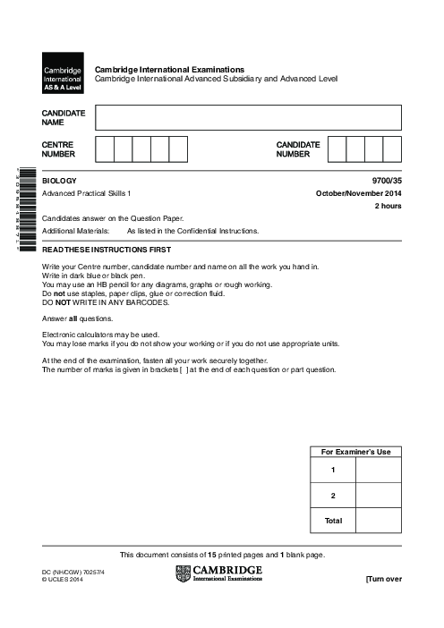 Biology 9700/34 Oct Nov 2014 | Cambridge AS Level Past Papers With Mark Scheme