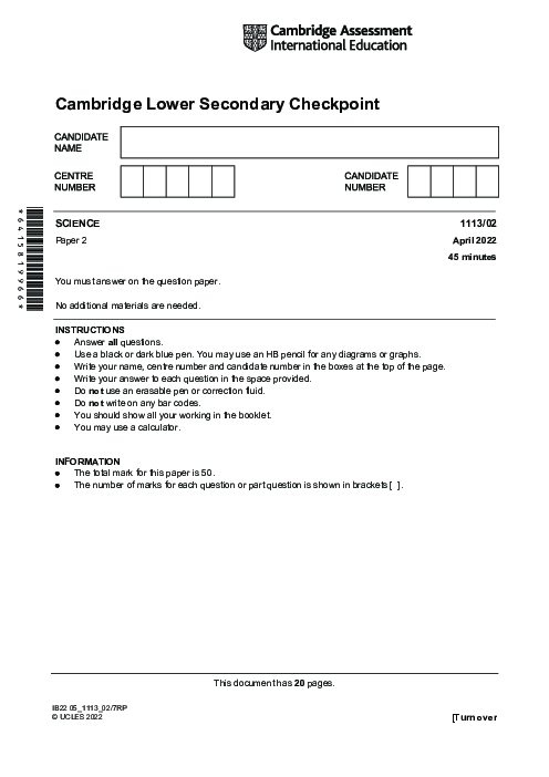 SCIENCE 1113,02 April 2022 | Cambridge Lower secondary Checkpoint Past Papers with Mark Schemes