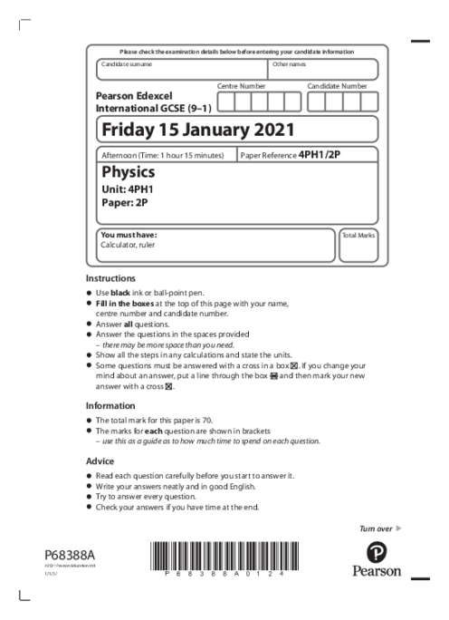  Physics 4PH1/2P January  2021 | Edexcel IGCSE Past Papers With Mark Scheme