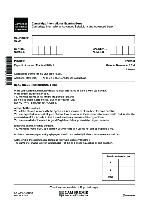 Paper 3, Variant 3, Oct Nov 2014 | Cambridge AS - A Level Physics (9702) Past Papers