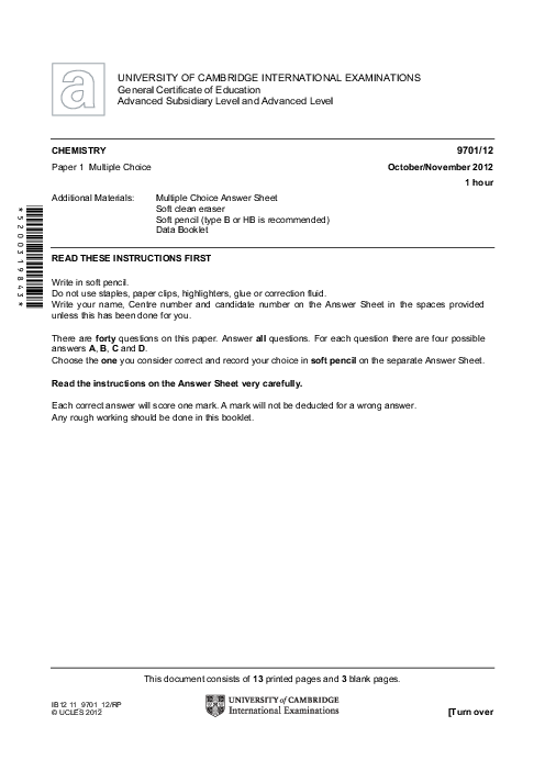 Chemistry 9701/12 Oct Nov 2012 | Cambridge AS Level Past Papers With Mark Scheme