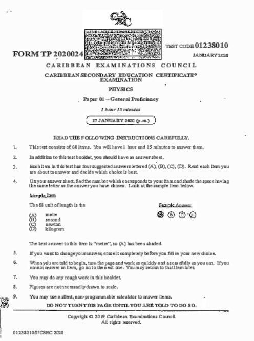 Physics January 2020 Paper 1