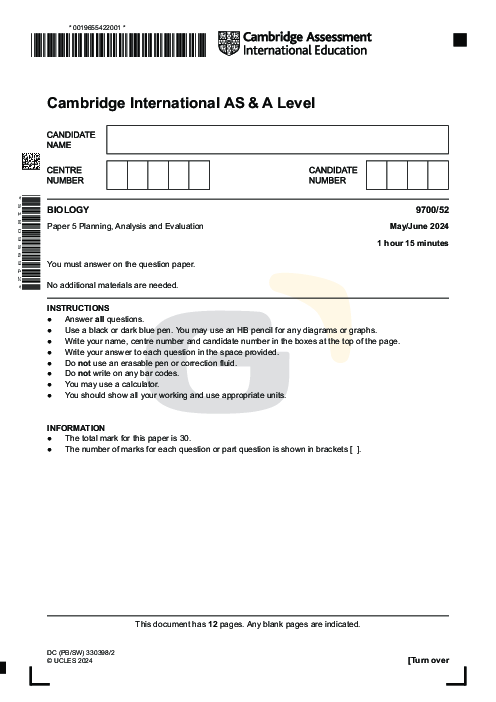 Biology 9700/52 May June 2024 | Cambridge AS Level Past Papers With Mark Scheme