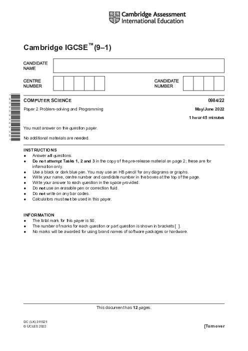 Paper 2, Variant 2, May June 2022 | Cambridge 9–1 GCSE  Computer Science (0984) Past Papers