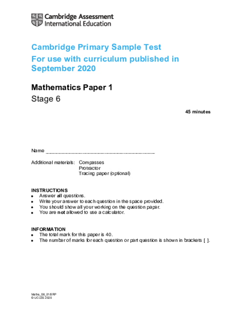 Cambridge Progression Test Stage 6 Mathematics 2020 Paper 1
