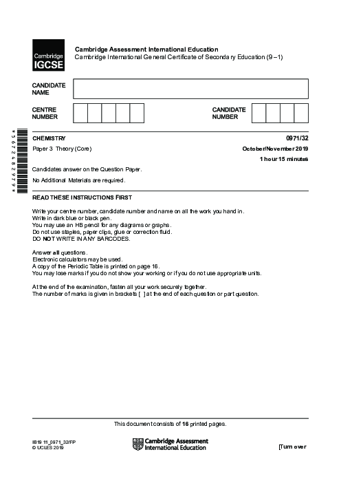  Chemistry 0971/32 Oct Nov 2019 | Cambridge 9–1 IGCSE Past Papers With Mark Scheme