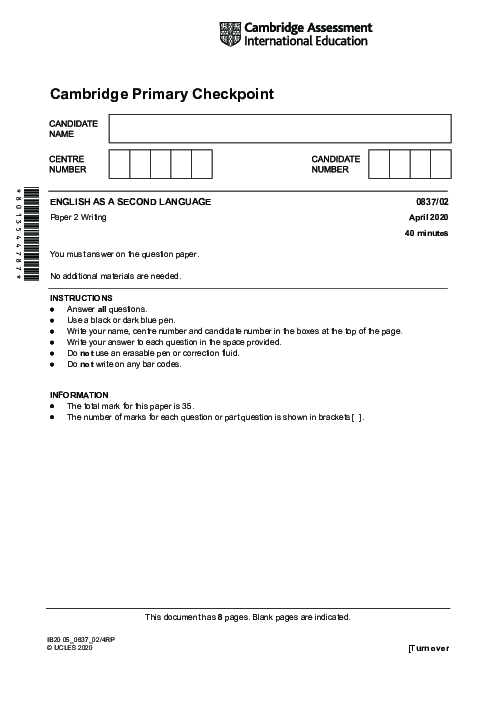 ENGLISH AS A SECOND LANGUAGE 0837,02 April 2020 | Cambridge Primary Checkpoint Past Papers with Mark Schemes