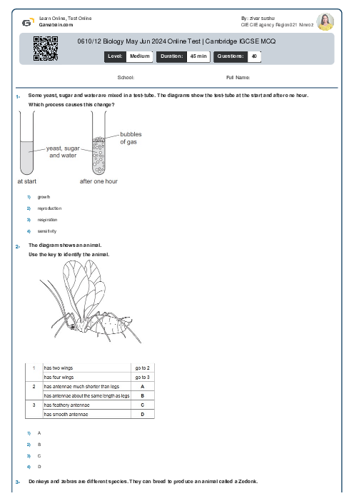 0610/12 Biology May Jun 2024 Online Test | Cambridge IGCSE MCQ