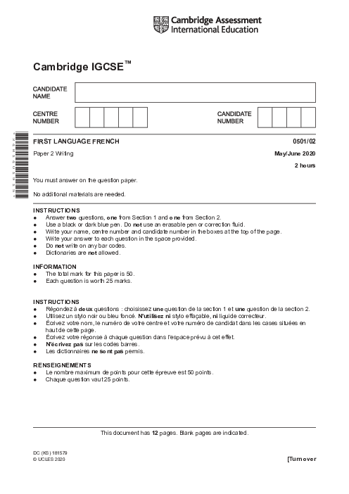 French First Language 0501/02 May June 2020