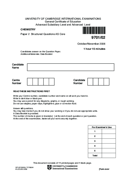 Chemistry 9701/02 Oct Nov 2006 | Cambridge AS Level Past Papers With Mark Scheme