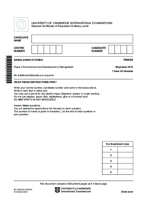  Bangladesh Studies 7094/02 May June 2012 | Cambridge O-Level Past Papers With Mark Scheme