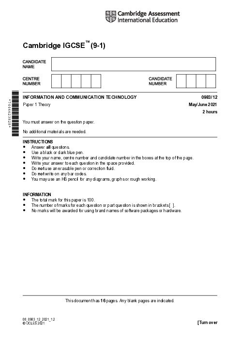  Information and Communication Technology 0983/12 May June 2021 | Cambridge 9–1 IGCSE Past Papers With Mark Scheme