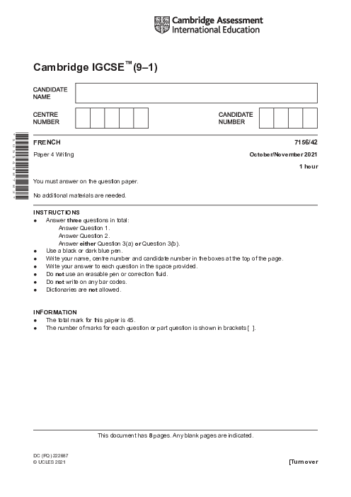  French 7156/42 Oct Nov 2021 | Cambridge 9–1 IGCSE Past Papers With Mark Scheme