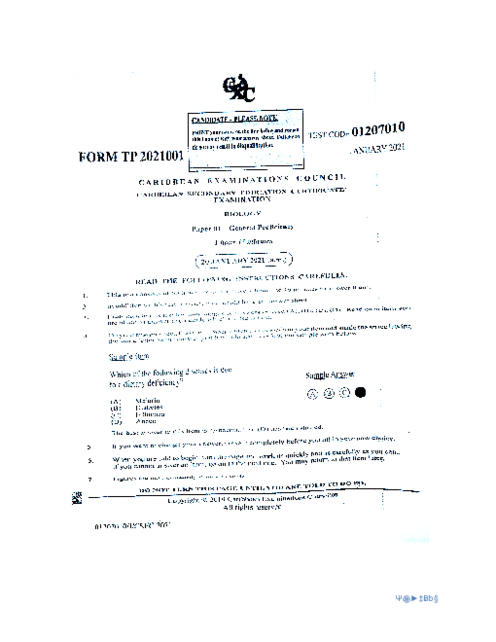 Biology January 2021 Paper 1