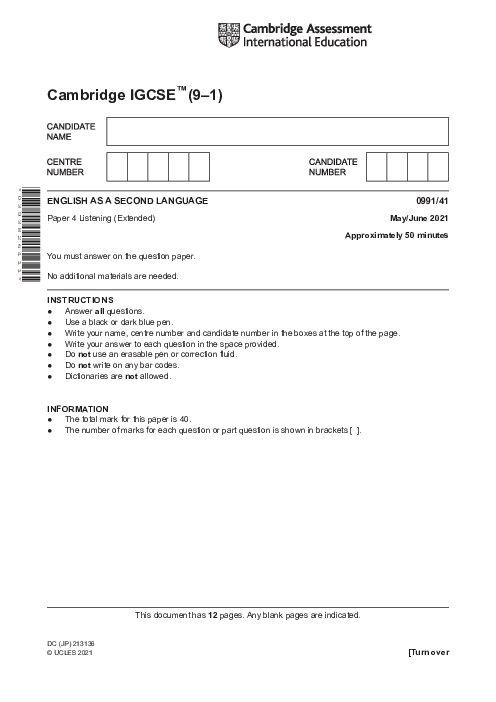 Paper 4, Variant 1, May June 2021 | Cambridge 9–1 GCSE  English as a Second Language (Countin Speaking) (0991) Past Papers