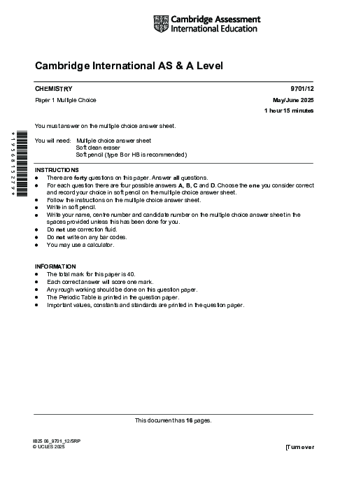 Chemistry 9701/12 May June 2025