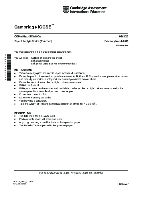 Science Combined 0653/22 March 2025