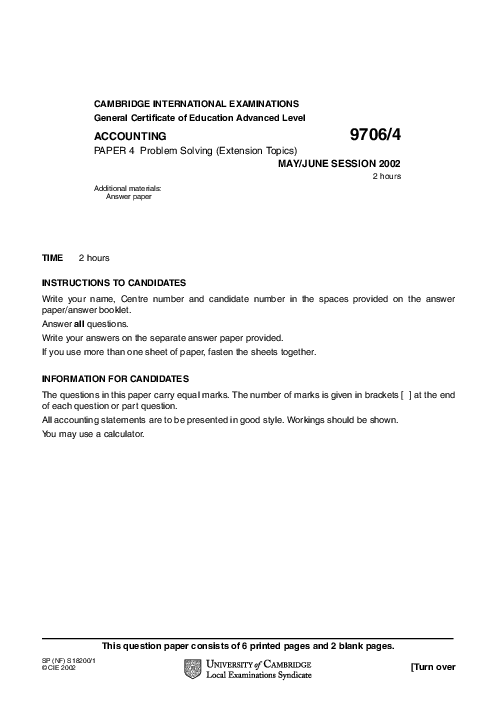 Accounting 9706/02 May June 2002 | Cambridge AS Level Past Papers With Mark Scheme