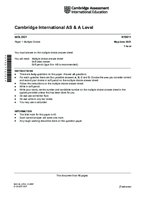 Biology 9700/11 May June 2021 | Cambridge AS Level Past Papers With Mark Scheme