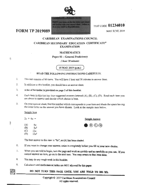 Mathematics June 2019 Paper 1