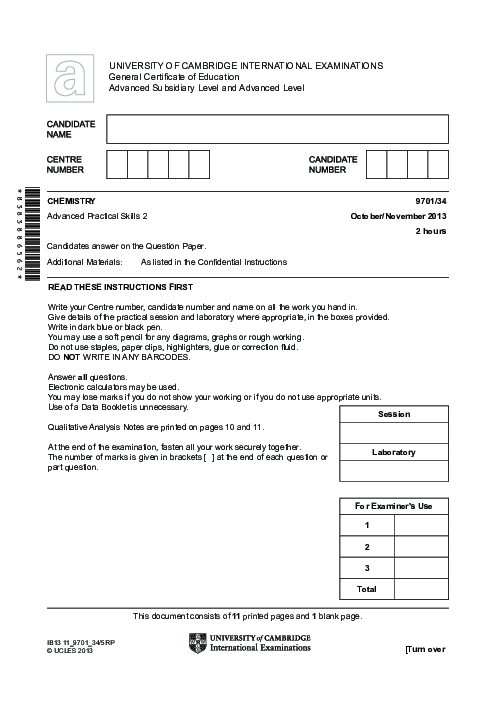 Chemistry 9701/34 Oct Nov 2013 | Cambridge AS Level Past Papers With Mark Scheme