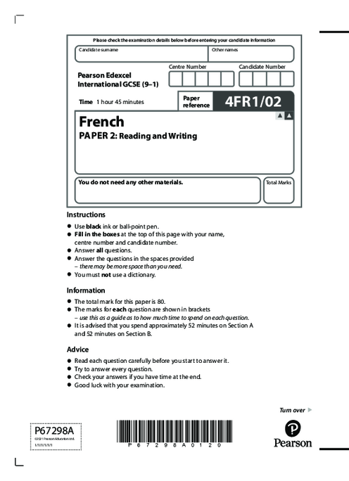 French 4FR1/02 June  2021 | Edexcel  IGCSE Past Papers With Mark Scheme