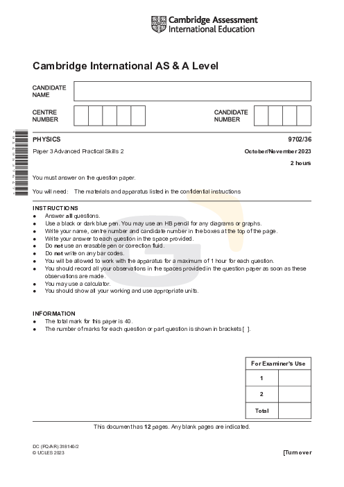 Physics 9702/36 Oct Nov 2023 | Cambridge AS Level Past Papers With Mark Scheme